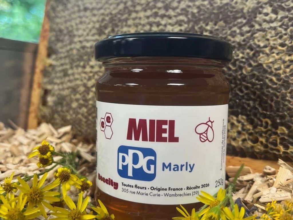 Pot de miel BEECITY étiqueté au nom d’une entreprise, posé devant un cadre de cire